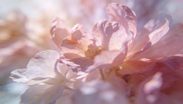 Ethereal pastel pink blossom glowing in backlight macro with delicate petals and stamens
