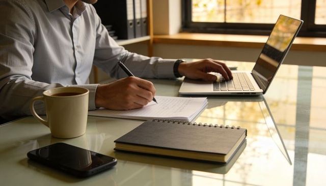 Male professional writing notes and typing on laptop at sunlit glass desk with coffee