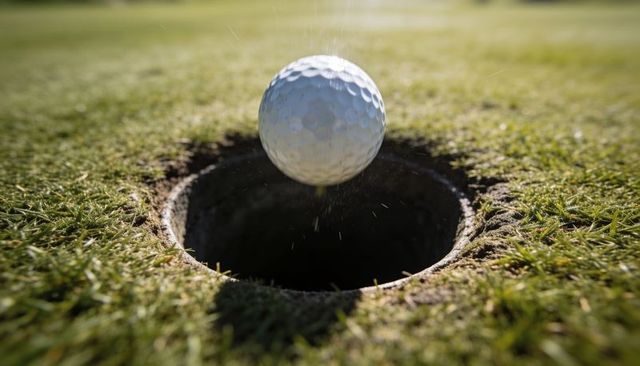 Golf ball hovering above putting green cup with flying turf and soil particles, macro