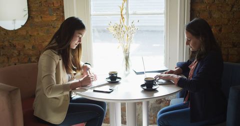 Business Meeting In Cozy Cafeteria with Two Caucasian Women - Download Free Stock Images Pikwizard.com