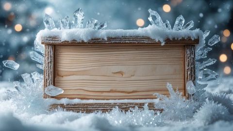 Blank Wooden Sign Amid Snow and Ice Crystals with Lights