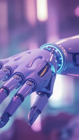 Robotic Hand Demo Entering Right, Moving Fingers and Turning Wrist with Cyan Ring Glow