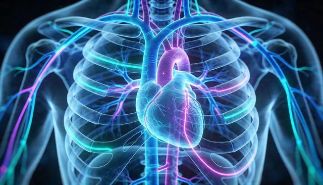 Translucent thorax showing glowing heart, aorta and pulmonary vessels neon anatomy