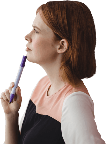 Thoughtful Businesswoman Holding Pen Contemplating Ideas Transparent Background