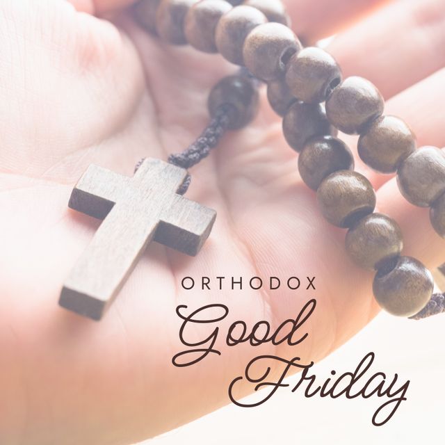 This image highlights a person's hand gently holding a wooden rosary with a cross, signifying Orthodox Good Friday. Perfect for religious observances, faith-related messages, and social media posts during the Easter season.