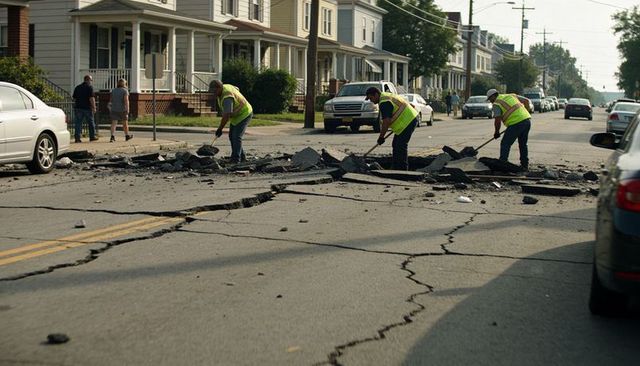 Urban road crew repairing broken asphalt on residential street wearing high-visibility vests