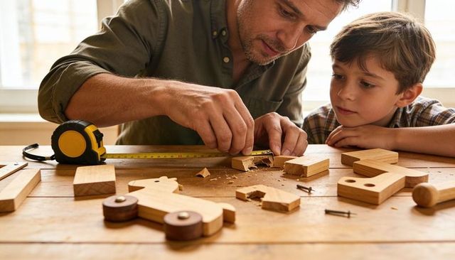 Father and son measuring and building wooden toy car on home worktable, learning carpentry