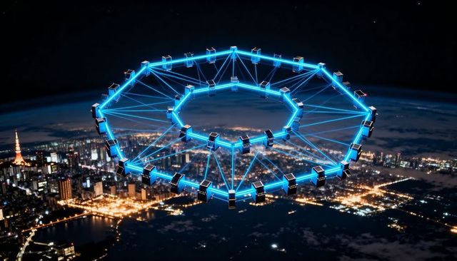 Floating octagonal orbital ring over city night with modular satellite nodes and neon trusses