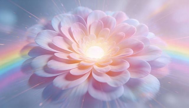 Blooming pastel dahlia emitting golden core light with soft rainbow arc and bokeh glow