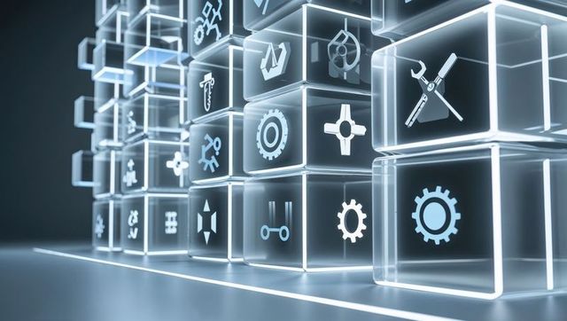 Futuristic glowing cubes with critical technical icons