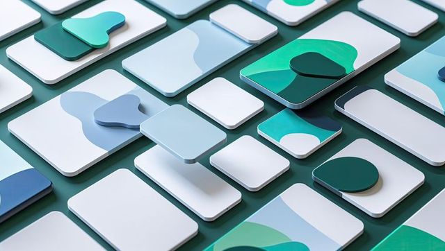 Floating panels with abstract organic shapes on green surface