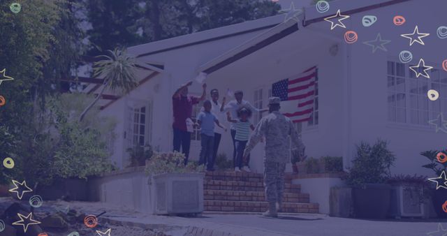 Family cheering and greeting military member arriving home outside house decorated with American flag. Scene depicting a warm homecoming and family reunion. Use for concepts of patriotism, support for military, family togetherness, celebrations, and happy occasions.