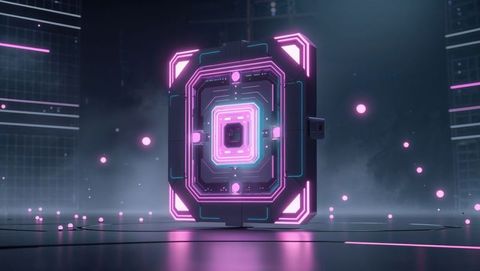 Futuristic neon cube in cyberpunk digital sphere