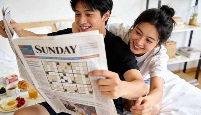 Asian couple reading sunday newspaper in bed sharing breakfast and solving crossword
