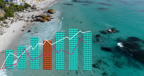 Animated Financial Data Overlay on Beach Landscape