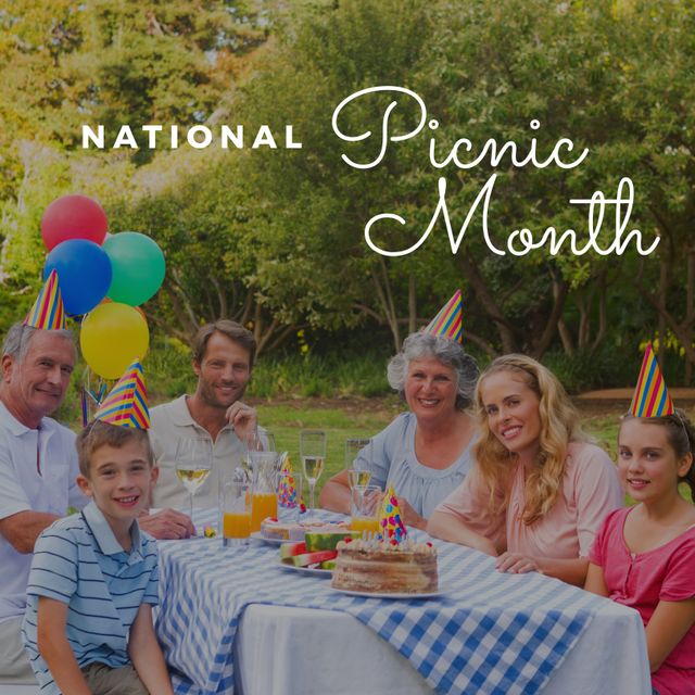 This stock photo portrays a cheerful family gathering outdoors to celebrate National Picnic Month. The scene includes a decorated picnic table with a red-and-white checkered tablecloth, festive party hats, and colorful balloons, capturing the joy of outdoor togetherness. This image can be used in promotional materials for picnic events, summer parties, or family-oriented advertisements.