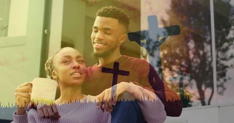 Couple on porch holding mug with three cross silhouettes double exposure of faith
