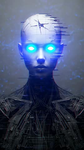 Glitching Android Head with Pulsing Blue Cores in Futuristic Cybertech Vertical Video