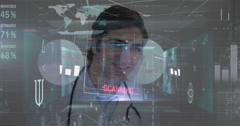 Futuristic Doctor with Graphs and Data Overlays