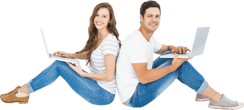 Transparent Couple Smiling Back to Back While Working on Laptops - Download Free Stock Videos Pikwizard.com