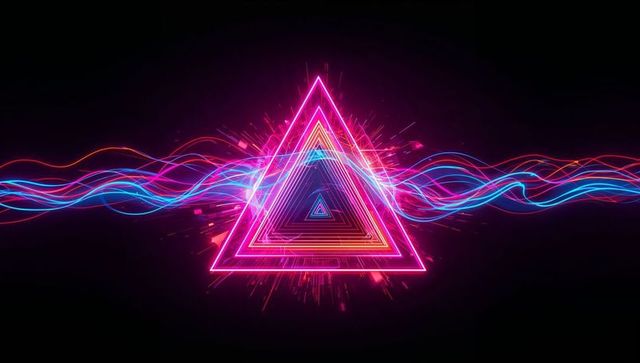 Futuristic neon triangles with glowing waves