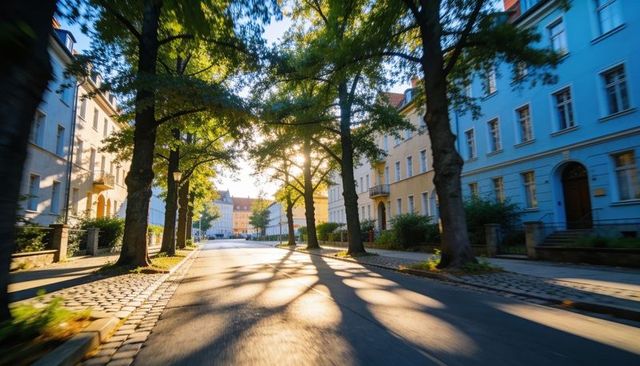 Sunlight bathing tree-lined residential avenue casting long shadows across pastel facades
