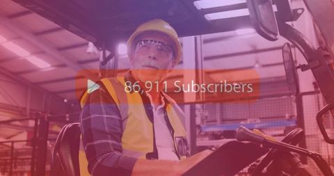 Forklift operator driving in warehouse with safety gear and subscriber count overlay