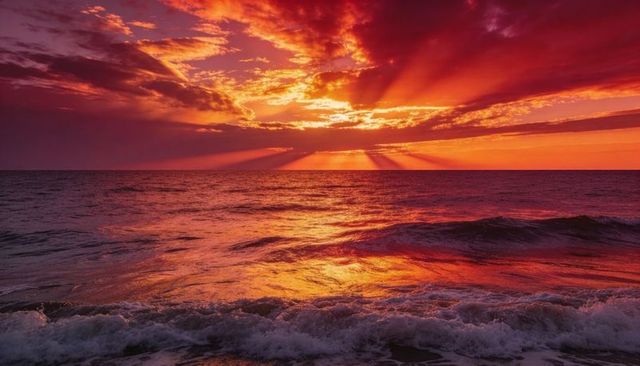 Fanning Sun Rays Splitting Clouds Over Fiery Sunset Ocean with Breaking Waves and Foam