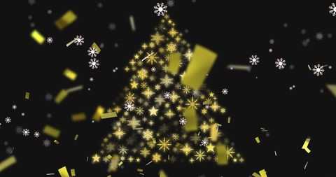 Golden Christmas Tree with Falling Snowflakes and Stars