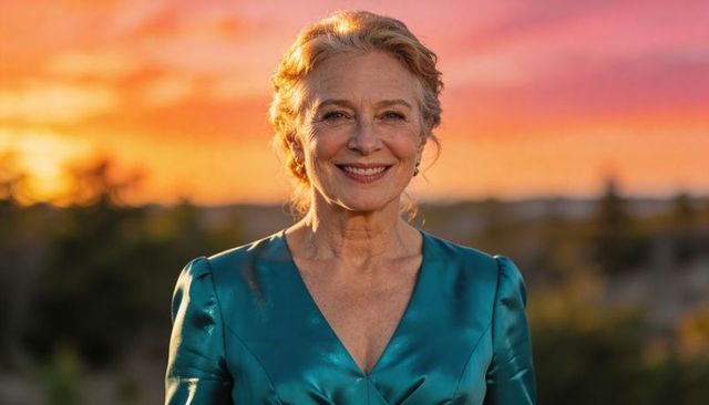 Smiling senior woman wearing teal satin dress enjoying golden hour sunset at dusk