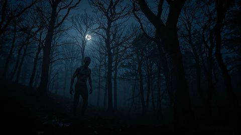 Solitary strresident walking in mysterious moonlit forest