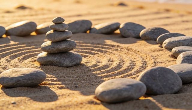 Zen pebble balance tower on raked sand with concentric ripples at golden hour, serene