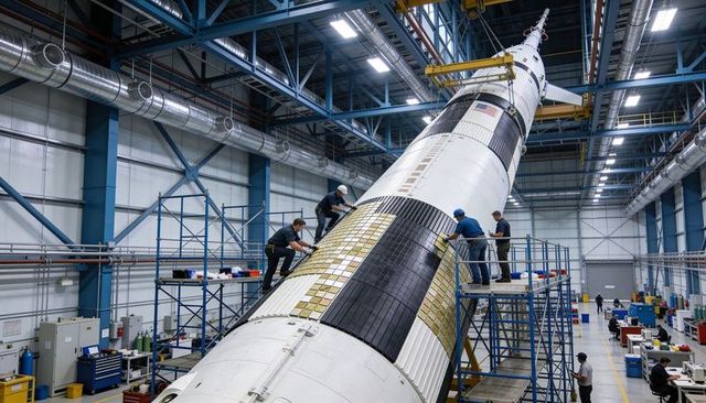 Technicians Installing Gold Thermal Tiles on Rocket Stage Inside Aerospace Hangar