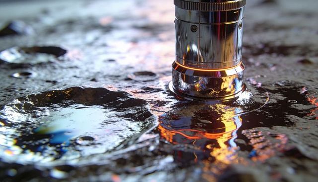 Chrome cylinder reflecting neon on pitted wet surface macro metallic abstract specular