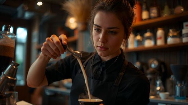 Young Barista Pouring Latte Art with Milk Pitcher in Cozy Coffee Shop, Focused Technique