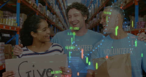 Team of Happy Diverse Workers with Stock Market Overlay