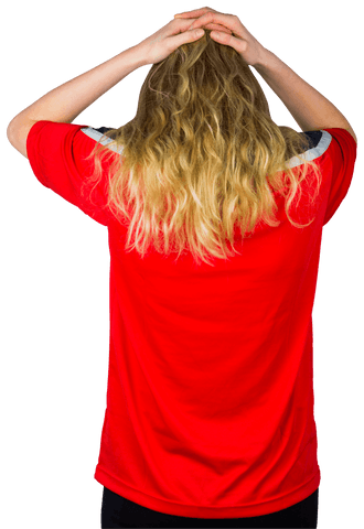 Disappointed Football Fan with Blonde Hair in Red Jersey Transparent Background