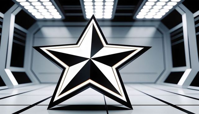 Futuristic 3d five-point star sculpture reflecting on tiled floor in led grid chamber