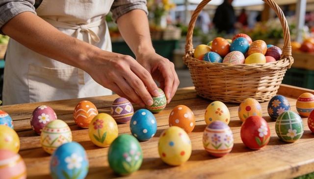 Arranging Hand-Painted Easter Eggs on Rustic Wooden Market Table with Wicker Basket Display