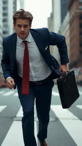Businessman sprinting through downtown crosswalk carrying briefcase vertical corporate motion
