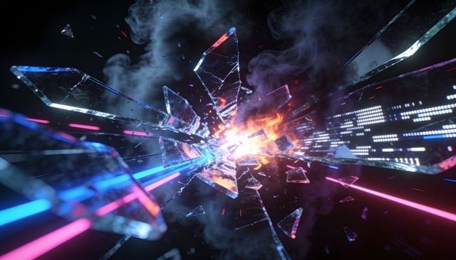 Shattering crystal core emitting neon light through cyberpunk tunnel with exploding shards