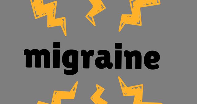 Illustration of migraine text with yellow thunder patterns on gray background, copy space. Vector, raise awareness, support, migraine awareness week, headache, stress.
