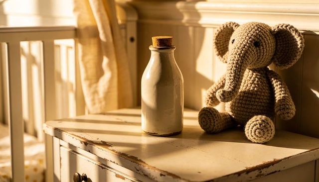 Handmade crochet elephant toy on distressed dresser with warm sunlight and cork bottle