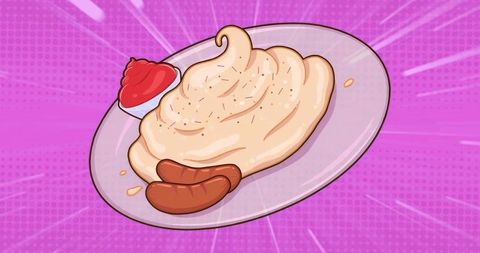 Pop art styled sausages and mashed potatoes on pink backdrop