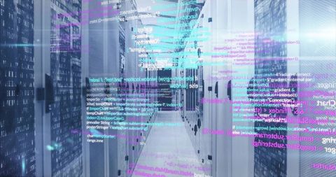 Futuristic Data Center Corridor with Holographic Code Streams