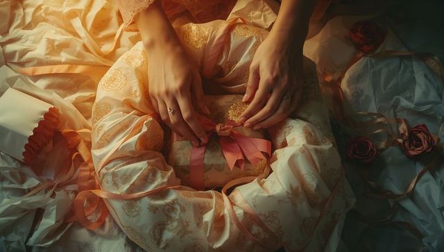 Woman Wrapping Handmade Bouquet with Pink Ribbon in Gently Lit Room