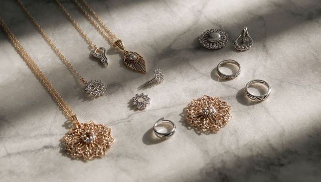 Sunlit gold filigree medallion and silver ring flatlay on gray marble backdrop
