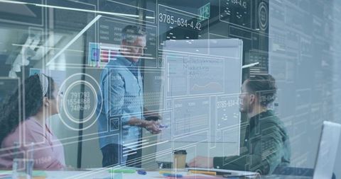 Business team in data-driven presentation with digital HUD overlays and whiteboard