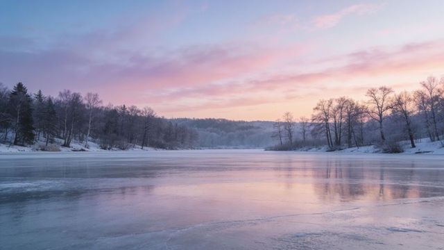 Frozen lake reflecting pastel sunrise over frosty woodland shoreline with cracked ice