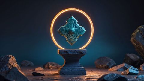 Mystical artifact hovering in cave with glowing golden ring